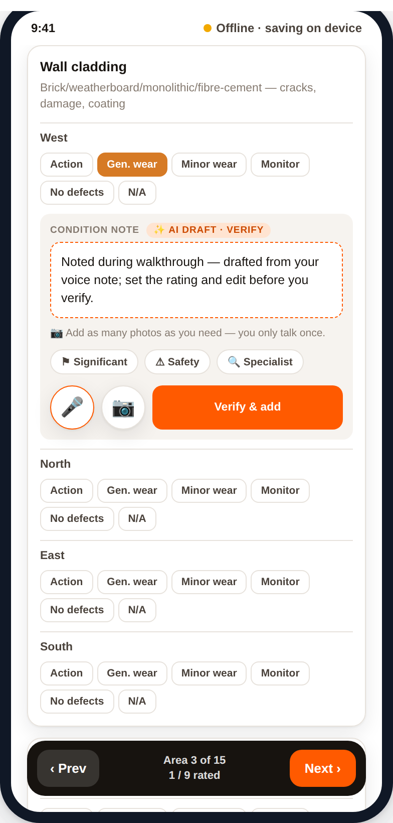 HammerHand drafts each finding from your voice note; you edit, set the rating and verify